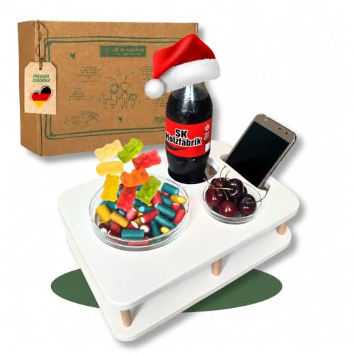 Couchbar Snackbar YOLO 1.0 - PERSONALISIERBAR - Couch Bar mit 2 Snackschalen - Sofatablett für Snacks & Getränke - Snackbar mit Getränkehalter (Weiß mit Gravur)