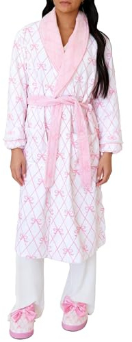 Women Long Fluffy Dressing Gown Cute Print Belted Bathrobe Cosy Loungewear | Soft Fuzzy Plush, Bow Pattern, Shawl Collar Wrap Design, Self Tie Waist Belt, Side Patch Pockets, Lightweight Nightwear