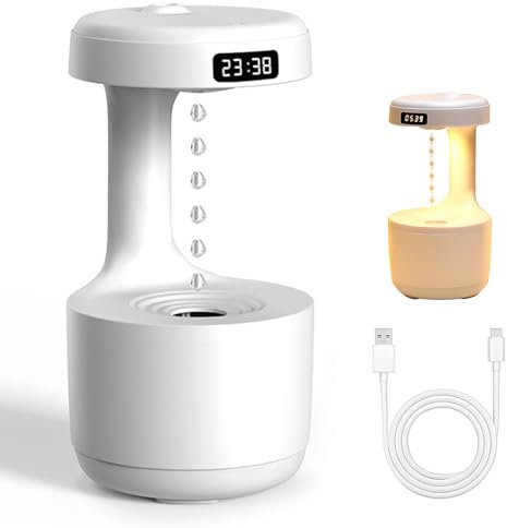 Mushroom Anti Gravity Humidifier, Anti-Schwerkraft Luftbefeuchter, LED Regentropfen-Luftbefeuchter mit Nachtlicht, Hängender Wassertropfen & Uhr, 800ml Aroma Diffuser für Schlafzimmer (Weiß)