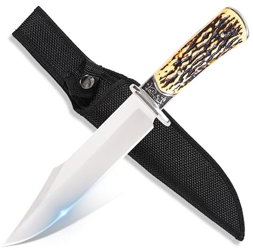 GER-SABER Couteau Traditionnel Camping 31cm – Lame Clip-Point Californien, Garde Classique en Acier Inox, Poignée Imitation Corne de Cerf, Compagnon Élégant pour la Nature