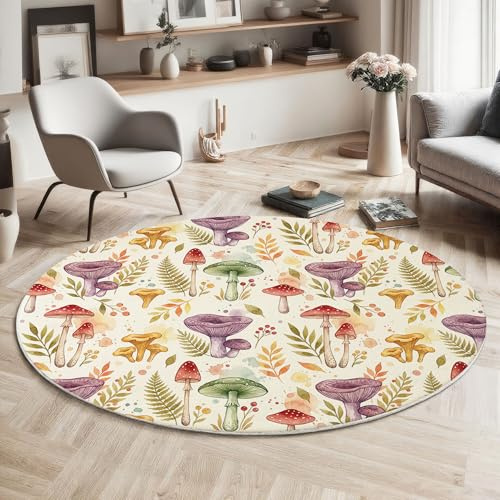 MLSOWM Runder Teppich 200cm, Pilze Und Farne Weich Flauschiger Bettvorleger Herbstwald rutschfest Kurzflor Rugs für Wohnzimmer, Schlafzimmer, Kamin, Creme