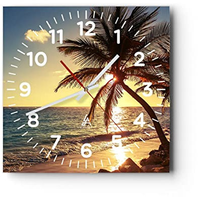 Modern Wanduhr Wolke exotischer Palm- Landschaft 30x30cm Quadrat Klein Wand Uhr Glas Analog Zimmeruhren Küche Büro Wohnzimmer Glasuhr Wall Clock Dekoration Design Küchenuhr C4AC30x30-3180