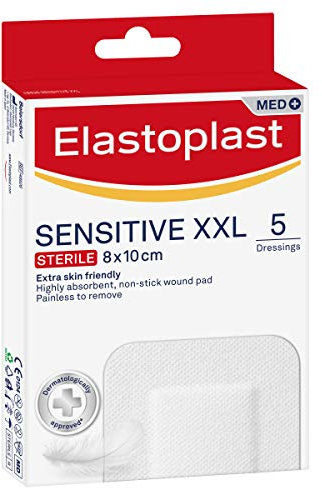 Elastoplast Sensitive XXL Med+ Dressings (5 Peieces), Pack of First Aid Plasters, Larger Plasters for Post-Operative Wounds, Skin-Friendly Sterile Dressings for Wounds, 0% Latex, Clear