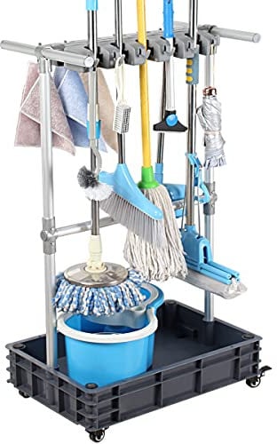 QTJH Broom And Mop Holder Put Wet Mops Movable Floor-Mounted Mop Rack Floor Standing Cleaning Tool Cart Storage For Garden Garage Schools, Hospitals, Factories, Hotels,Property Companies (12 racks)