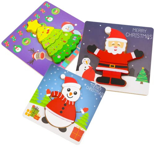 Holzpuzzle Weihnachten Baby Spielzeug-3 Stück Montessori Holz Puzzle Weihnachtsbaum Santa Schneemann,Kinder Pädagogisches Lernspielzeug Junge Mädchen ab 123+Jahr Geburtstag Weihnachten Geschenk