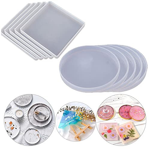 Timisea 10 Stück Silikonform Untersetzer Epoxidharz,5 Stück Runde Epoxidharz-Formen 5 Stück Quadratische Silikonform Untersetzer-Formen, DIY Harz Untersetzer-Kunstwerken, Heimdekoration.