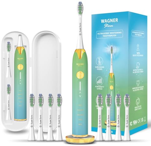 Wagner & Stern Ultraschall-Zahnbürste zum Aufhellen mit Drucksensor, 5 Bürstenmodi und 4 Intensitätsstufen mit 3D-Schieber, 8 weiche Bürstenköpfe, Premium-Reiseetui.