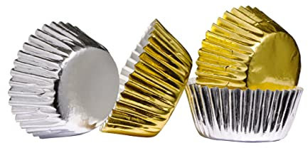 Prime Housewares 100 Mini Cupcake Cases Quality Paper Baking Multi Design Colours Christmas Party (Silver/Gold)