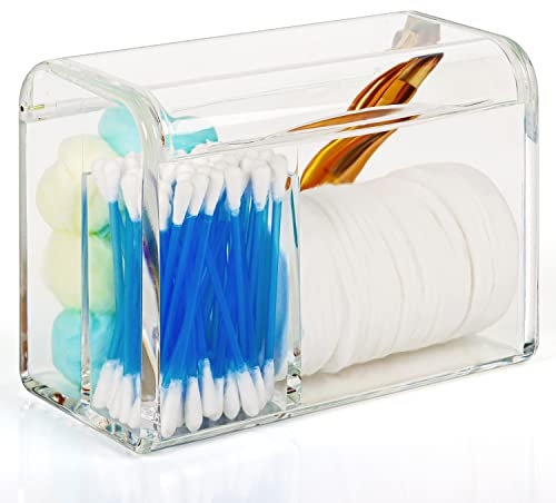 BELLE VOUS 3 Compartment Bathroom/Vanity Organiser with Lid - Clear Acrylic Plastic Apothecary Storage Holder Jar - Dispenser Container for Cosmetics, Makeup, Qtips, Cotton Swabs, Buds, Balls & Pads