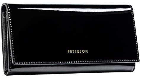 PETERSON | Damenbrieftasche | Horizontal | Hochwertig | Handpoliert | Elegant | Zeitlose Farbe | Goldenes Logo | RFID-System | Funktionelle Innenausstattung | Verpackt (SCHWARZ Glänzend)