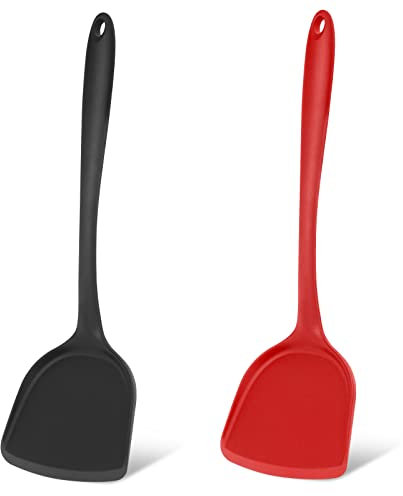 Silicone Wok Turner 13 Inches, Nonstick Cookware & Pancake Spatula Set (Red & Black)