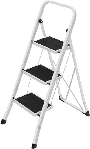 iTrend 3 Step Folding Ladder – Lightweight Alloy Steel, 150kg Capacity, Anti-Slip Wide Steps, Handrail – Compact Step Stool for Kitchen, Home, Office