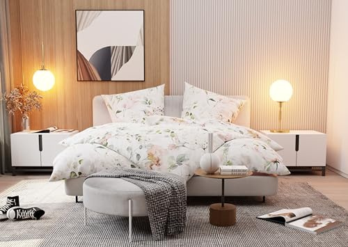 Bettwaesche-mit-Stil Mako Satin Bettwäsche Kolibri aquarell (Garnitur 140x200 + 70x90 cm, grün/Rose)