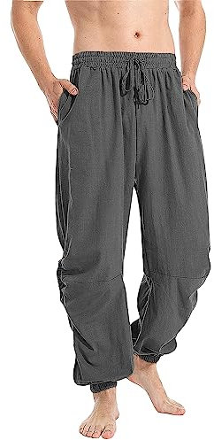 YAOBAOLE Leinenhose Herren mit Kordelzug Leicht Yogahose Seitetasche Herren Hose Lang aus Strandhose Baumwollmischung für Männer Dunkelgrau XL