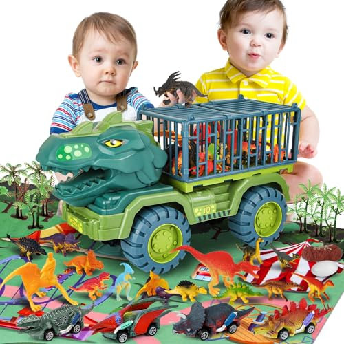 MewVeer Jouets de Camion Dinosaure, Transporteur de Voiture Tyrannosaure avec 15 Figurines de Dino, 4 Réservoirs de Dinosaures, Tapis de Jeu d'Activité, Œufs de Dinosaure, Ensemble de Voitures de Dino