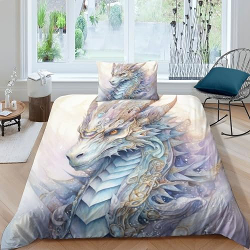 GEEYOU Drache Bed Linen Sets Mikrofaser Steppdeckenbezug Reißverschluss Drache King Bettdeckenbezug Weichs Bettwäsche Set Verstecktes Scharnier Bettbezug Single（135x200cm）