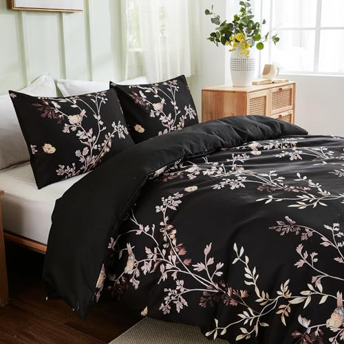 Herside Black Flowers Duvet Cover Set Single Birds Bedding Plants Yellow Birds Printed Pastoral Style Quilt Cover 1 Duvet Cover 2 Pillowcases (Black Yellow,King)