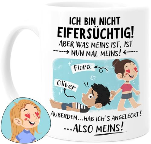 Tassenliebling® Pärchen Tasse personalisiert - Ich bin nicht eifersüchtig - Lustiges Geschenk für ihn zum Jahrestag - Liebesgeschenke Freund zum Valentinstag - 330ml Keramik