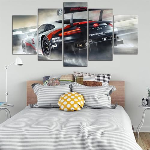 ZYCHKRL Tableau Murale Decoration 5 Panneau Porsch 911 RSR Voitures de sport de luxe Mural Art Peinture Photos Bureau À Domicile Bain Grand Tableau Decoration Poster Mural Xxl 200X100