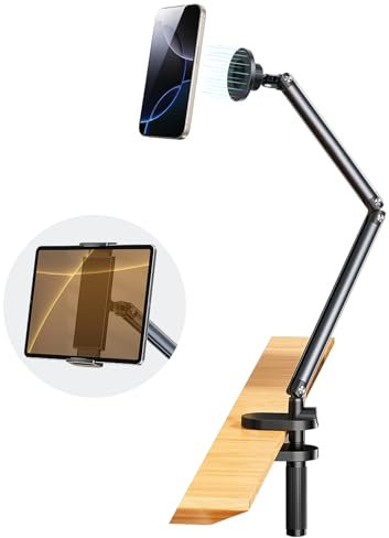 PUJUDODA Supporto Tablet da Tavolo, Supporto Telefono Magsafe Girevole a 360°, Flessibile Regolabile con Braccio Lungo Porta Tablet da Letto per Smartphone, iPhone, iPad, Tablet(4-12.9)