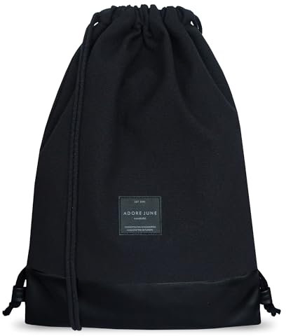 Adore June Turnbeutel All-Black - Lenn - Für Damen & Herren gefertigt in Europa, Sportbeutel, Kordelzug, Innentasche, Wasserabweisend, Recycelte Stoffe