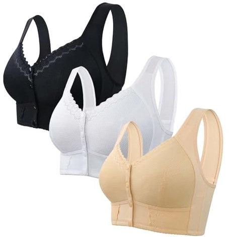 Sllowwa 3 PC Front Fastening Bras for Women UK Bra Senior Closure Breathable Seniors Wirefree Wireless Non Wired Older 2024 (BK5, 38)