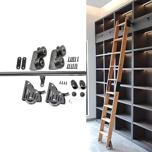 AYVADA Rollbare Bibliotheksleiter-Hardware-Kit, mit Bodenrolle, vielseitig einsetzbar für Lofttreppen/Bücherregale, Schiebeleiter-Bibliotheksschienen-Komplettset (ohne Leiter), Schwarze runde Stahl