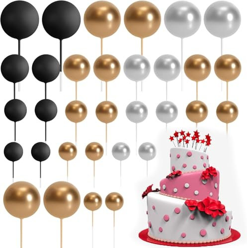 SiHuiTu 32 Pcs Mini Balloons Cake Topper with Foam Ball Picks for Wedding Party Birthday Decorating (Black Gold Silvery)
