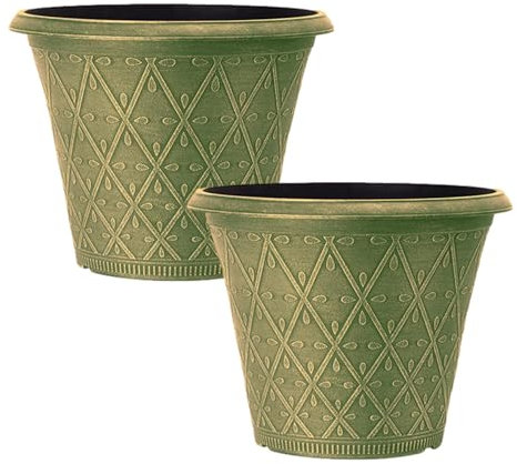Fyne-Finds Set of 2 Plastic Prisma Planters 30cm, 12inch Festive Green 9 Liter Pots Garden Patio Plant Cover Home Decor Weatherproof Drainage Holes
