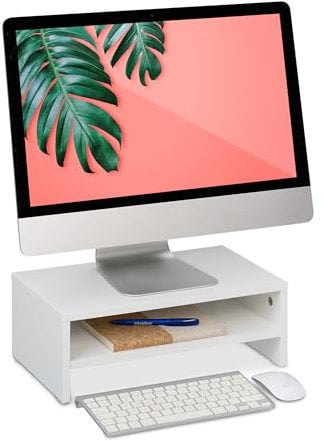 Relaxdays Supporto per Monitor, Rialzo Stand PC con Ripiano Portaoggett, 14x40x23,5 cm, Alzaschermo da Scrivania, Bianco