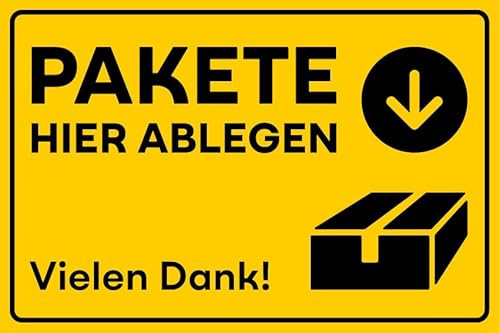 Aufkleber Ablageort Info Postbote „Pakete hier ablegen“ Hinweis Folie selbstklebend Gelb | 5-30cm Made in Germany, Größen Name: 5x7,5cm