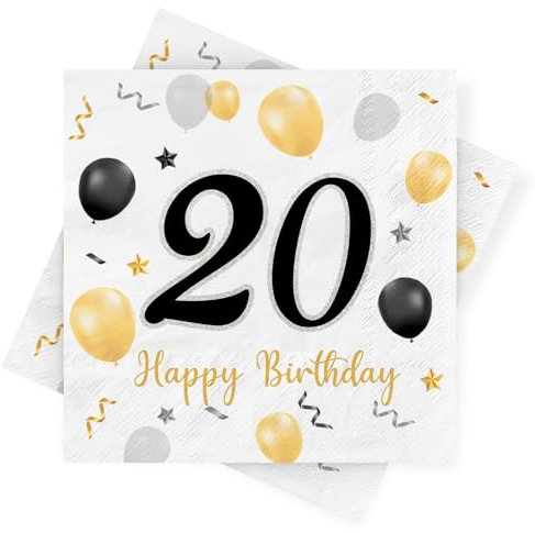 Servietten 20. Geburtstag, 30 Stück Schwarze Gold Geburtstags Servietten, Happy Birthday 20 Servietten, Milestone 20 Papierservietten, Deko 20. Geburtstag für Mann Frau Jubiläum Tischdekoration