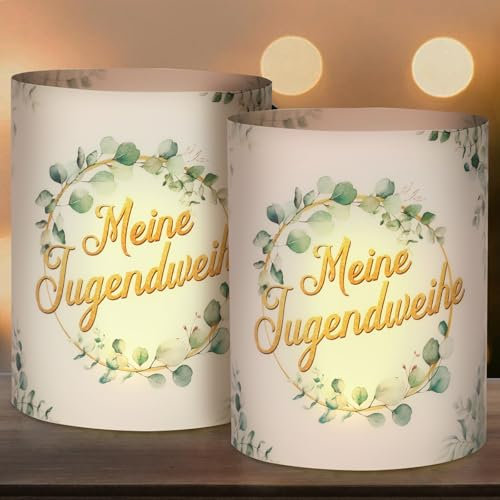 BETESSIN 12x Windlichter Tischdeko Jugendweihe - Meine Jugendweihe Deko - Lichthülle im Eukalyptus Design - Windlicht Tischdekoration zur Jugendweihe