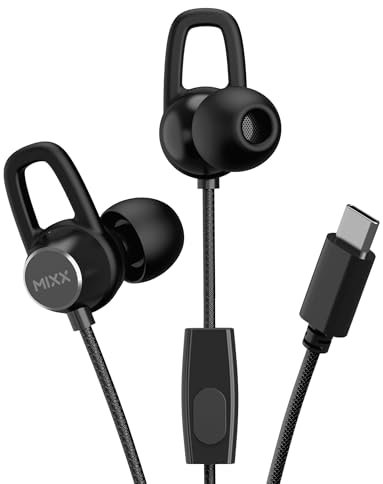 Mixx SoundPort USB-C Wired Earphones, In-Ear Headphones with Hands-Free Calling, Siri & Google Assistant Compatible, 3 Pairs of Ear Cushions Included, Black.
