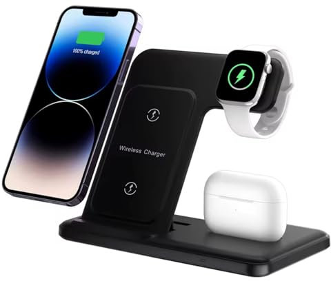 Cargador Inalámbrico 3 en 1 para iPhone, Samsung, Apple Watch y AirPods - Estación de Carga Rápida Universal 15W para Múltiples Dispositivos - Soporte Plegable Ideal para Casa, Oficina y Viaje (Negro)