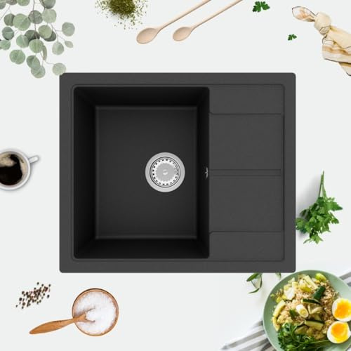 GRANMASTER Horizon Granitspüle 1 Becken mit Siphon, Spüle Arbeitsplatte Küchenspüle mit Wasserhahn, 59 x 50 x 20,3 cm Spüle mit Abtropffläche aus Granit, Imprägnieren 50ml Schwarz Metallic