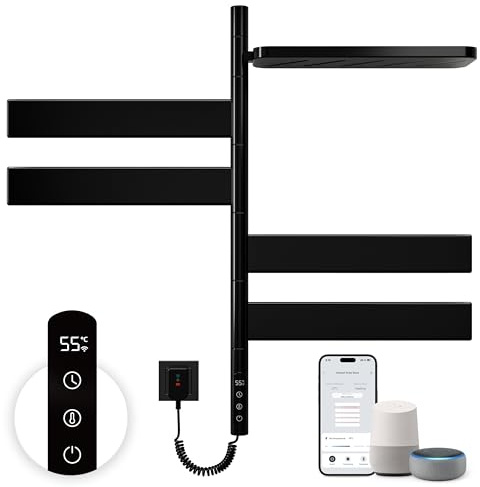 Badheizkörper Handtuchhalter 760×450 mm,180° Rotation Heizkörper Bad,WiFi Smart Handtuchwärmer Mit Konstanter Temperatur,Funktioniert Mit Alexa,Google Home Und App,Schwarz Electric Towel Radiator
