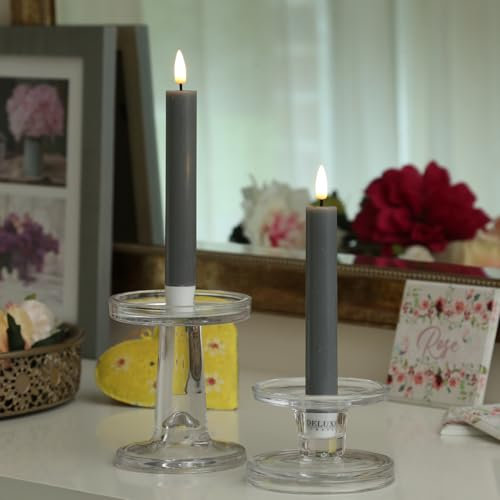 LED Stabkerzen Echtwachskerze Deluxe Homeart Tafelkerzen Dinnerkerzen mit realistischer 3D Flamme Spitzkerzen für Innen grau (2 Stabkerzen 15cm)
