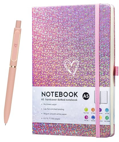 ZTUOK Glitter Laser A5 Notebook with Pen, Lined Journal A5 Notepad for Girls Women,Cute Bling Diary with Heart-Shaped College Ruled Hardcover Notebook for Work School, Note Taking, Business (Pink)