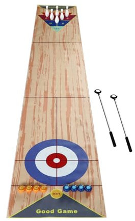 HOARLICN 3 In 1 Tisch Curling Spiel, Shuffleboard Spiel Curling Table Top Spiel Set Indoor mit 2 Putter und 8 Shuffleboards 6 Bowling-Flaschen 3.6 X 0.57m für Anzahl Von Spielern 1-8