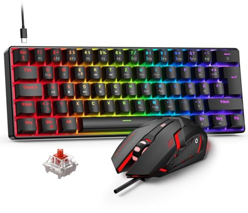 Rewurnth Gaming Tastatur und Maus Set, 60% QWERTZ Layout Mini Mechanische Tastatur mit RGB Beleuchtete, Red Switches, USB-C Kabelgebunden, 4 Farben LED Gaming Maus, Kompaktes Set für PC Mac Xbox PS5