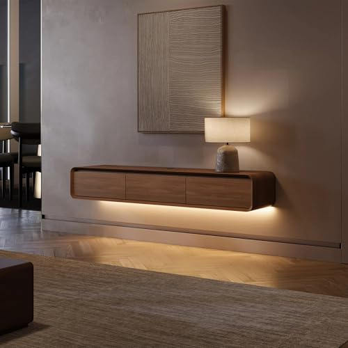 POVISON TV Schrank Schwebend 160cm mit LED Moderne Walnussholz | Massivholz, 3 Schubladen TV Lowboard Hängend Kabelmanagement, Komplettmöbel mit Stauraum fürs Wohnzimmer