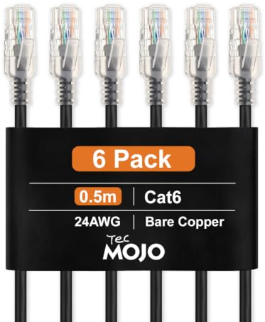 Tecmojo Cat6 Ethernet Cable 0.5m 6 Pack,24AWG Pure Copper (OFC) UTP RJ45 Network Patch Cord,1Gbps 250MHz LSZH Jacket for Router Modem Switch Patch Panel, Black