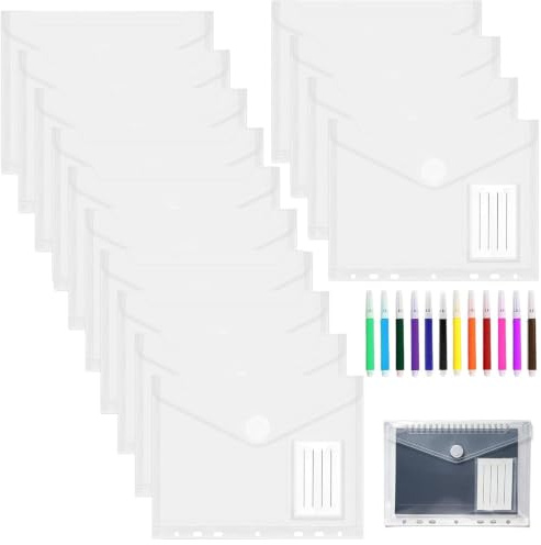 14 Stk Dokumententasche A5 Abheften Transparent Druckknopf Dokumentenmappe | Mit 12 Mini-Aquarellstiften, Wasserfeste Dokumententaschen für Dokument Organisieren, Transparent 7 Löcher