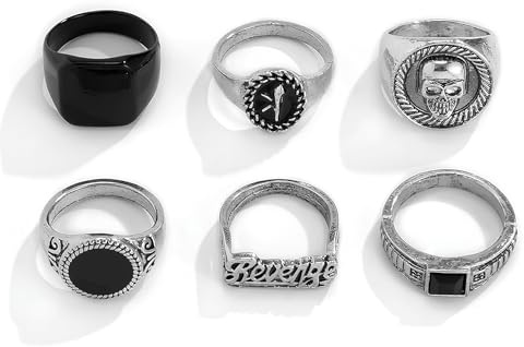 Cosswe 6 Stück Ringe Herren,Uneinstellbar Daumenring Herren Rock Ringe,Goth Punk Hip-Hop Siegel Ring Quadrat Hochzeit Cool Band Ring Freundschaftsringe Modeschmuck
