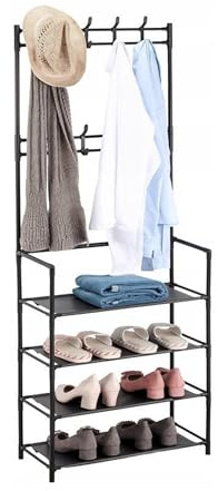 Relaxdays Garderobenständer, 4 Schuhablagen, 2 Hakenleisten, Flurgarderobe HxBxT: 150,5 x 59,5 x 25 cm, Eisen, schwarz