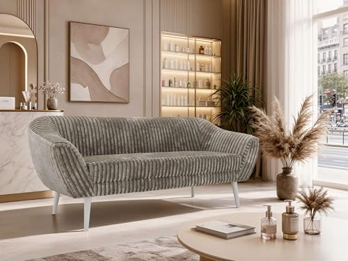 MKS MEBLE Sofa PIRS 3-Sitzer - Skandinavisches Design Couch, Gesteppte Polsterung, Wellenfederung, bequemes Polstersofa für Wohnzimmer - Weiße Beine, Hellbraun Cord