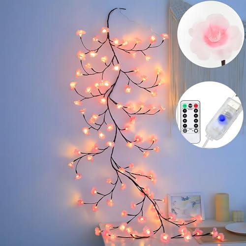 AXVRAV 2.3M 144 LEDs Kirschblüten Willow Vine Wand Deko, 8 Modi, Lichterkette Wanddeko mit Fernbedienung, USB-Betriebene Timer Kirschblüten Zweige Lichter für Schlafzimmer Raum Deko