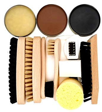 DELARA Ensemble de cirage pour chaussures 12 pièces avec brosses en bois et poils naturels et trois boîtes de entretien intensif du cuir incolore marron et noir