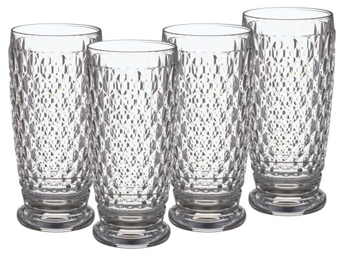 Villeroy & Boch Boston Longdrinkgläser 4er Set, 400 ml, Trinkgläser mit Facettenmuster, Kristallglas für Cocktails, Spülmaschinengeeignet, Klar
